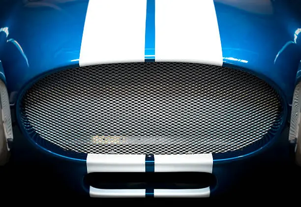 Detail of Grille of Blue and White Striped Classic Car