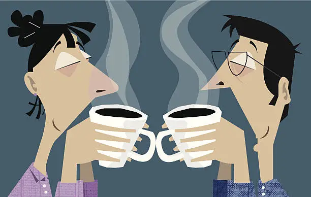 Vector illustration of Couple in pajama smelling coffee aroma