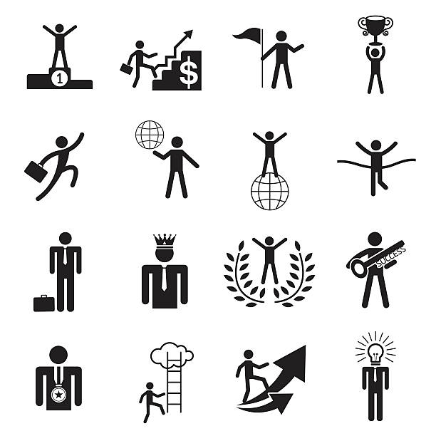 ilustrações, clipart, desenhos animados e ícones de b & w ícones definido: homem de negócios, o sucesso, o objeto - ladder company 1