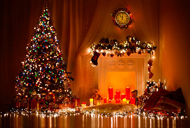 Christmas Tree Fireplace Lights, Decorated Xmas Living Room, Night Interior