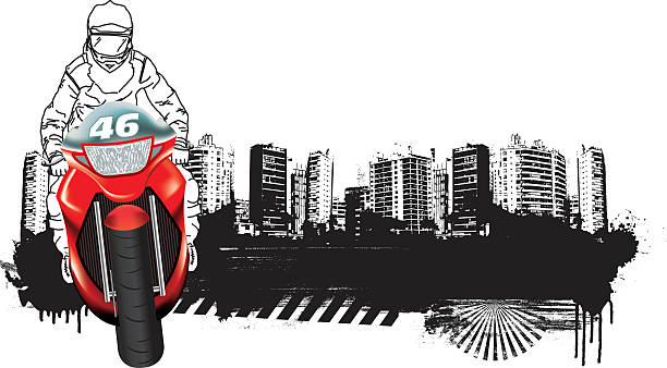 red super bike with rider and grunge city background vector art illustration