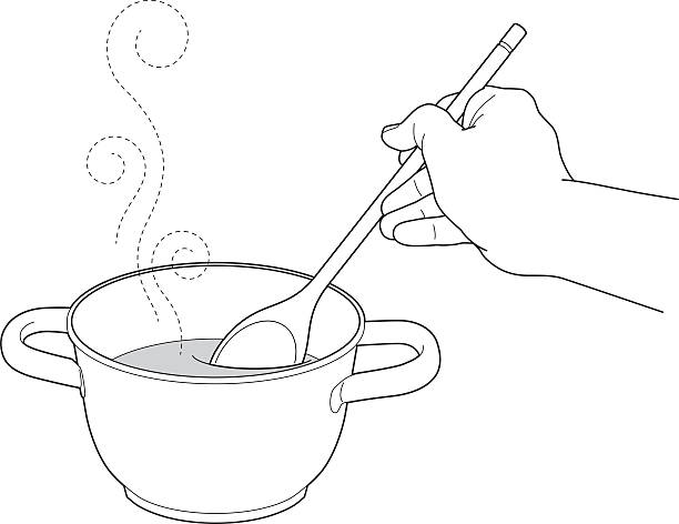 illustrazioni stock, clip art, cartoni animati e icone di tendenza di mescolando zuppa in una pentola - sugo pronto