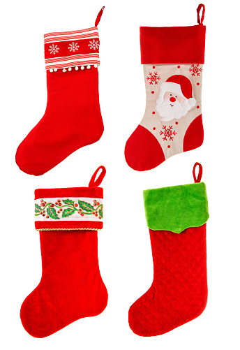 christmas stocking. red sock with Santa Claus and snowflakes on white background. winter holidays symbol