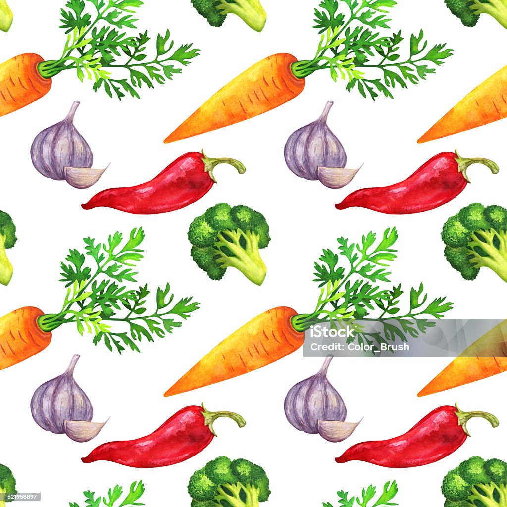 Watercolor seamless pattern with vegetables Watercolor seamless pattern with vegetables - broccoli, garlic, red hot chili pepper and carrots on a white background Acrylic Painting stock illustration