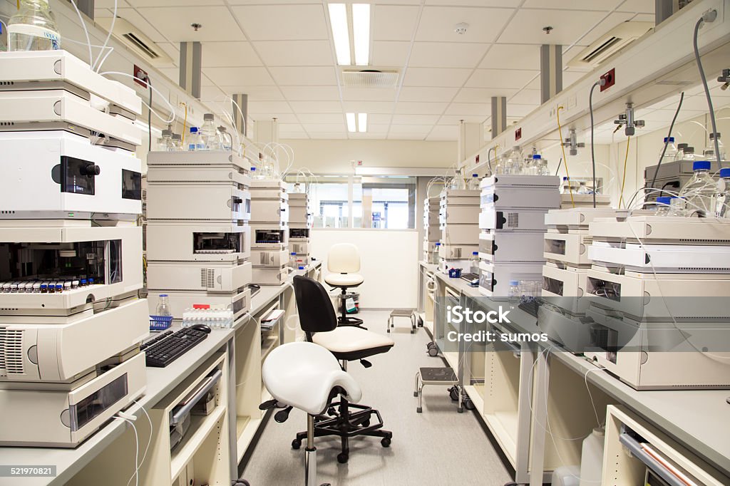 Pharmaceutical laboratory Research laboratory, no people, clean white, horizontal Cleanroom Stock Photo