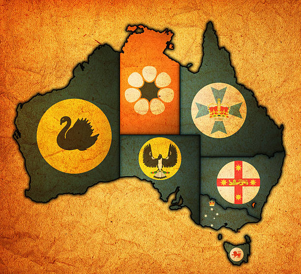 flags of territories on map of australia with administrative divisions