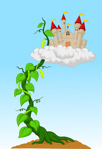 Vector illustration of Cartoon Bean sprout with castle in the clouds