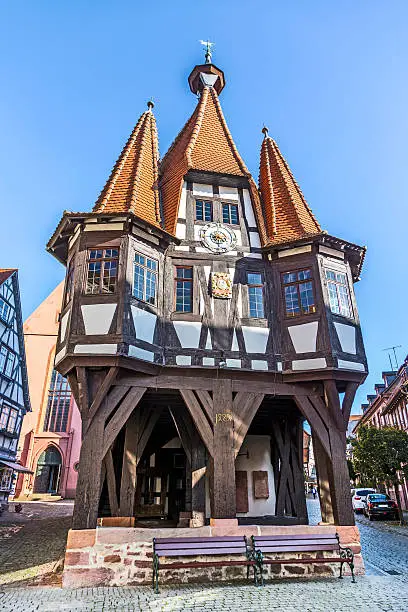 old town hall of Michelstadt  under blue sky