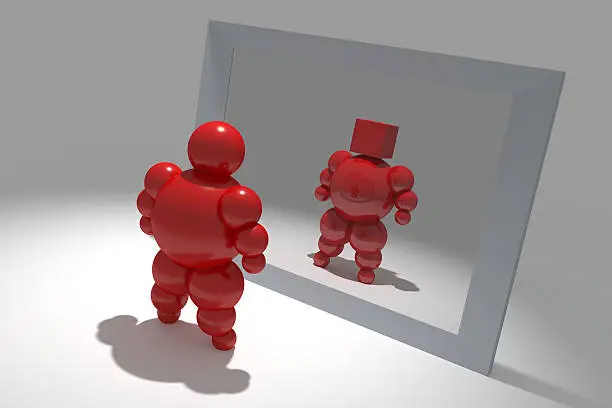 3D abstract  "Ballman"  character  before the mirror