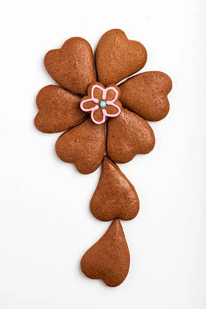 Flower-shape gingerbread cookies isolated on white background.