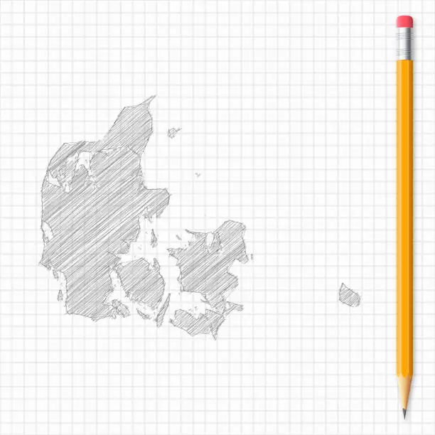 Vector illustration of Denmark map sketch with pencil on grid paper