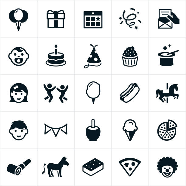 stockillustraties, clipart, cartoons en iconen met children's birthday party icons - party hat icon