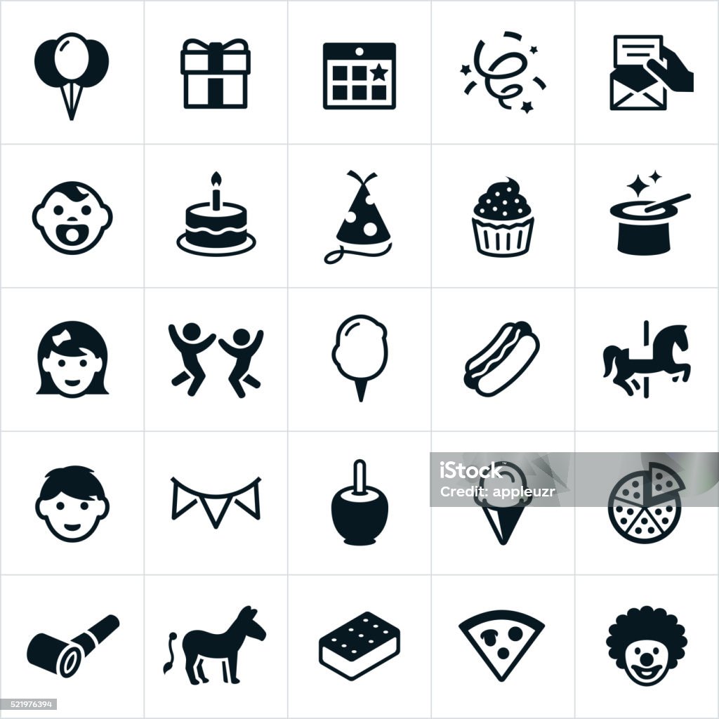 Children's Birthday Party Icons Icons related to birthday parties, particularly as they pertain to children's birthday parties. The icons include balloons, gift, calendar, confetti, invitation, boy, girl, baby, birthday cake, cupcake, magic, cotton candy, food, merry go round, decorations, ice cream, and clown. Icon Symbol stock vector