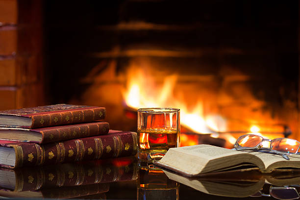 copo de bebida alcoólica vinho livros antigos em frente a uma aconchegante lareira. - spirit house - fotografias e filmes do acervo