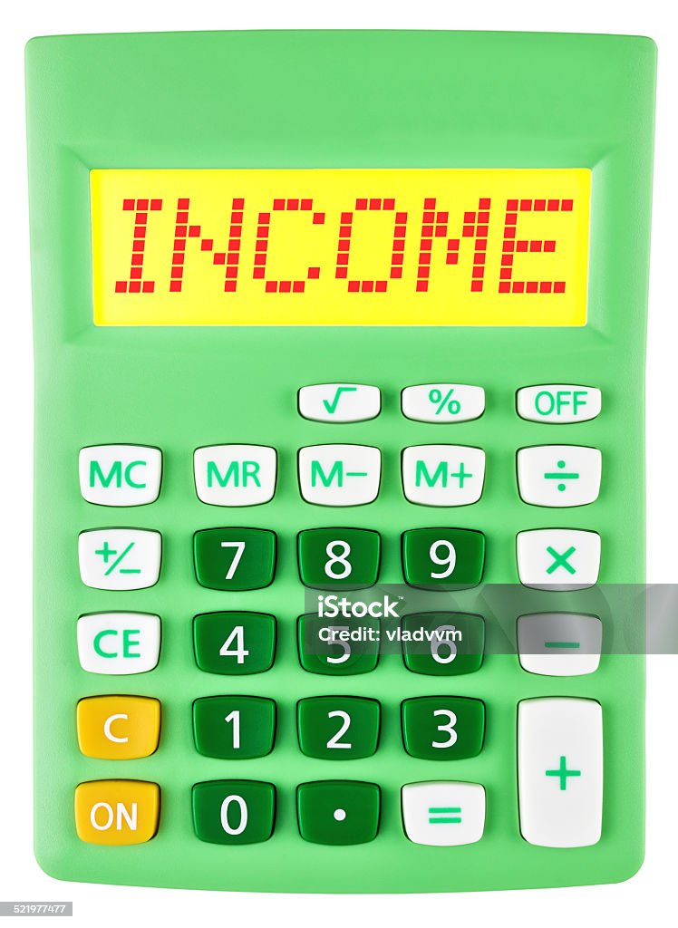 Calculator with INCOME on display on white background Balance Stock Photo