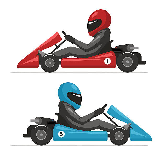 illustrazioni stock, clip art, cartoni animati e icone di tendenza di vai kart. pilota di go-kart racing su sport uomo - go carting