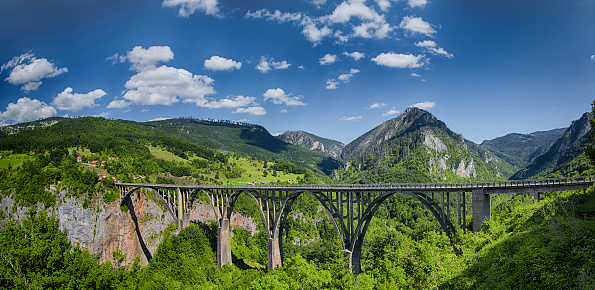 Panorama of the Durdevica Tara Bridge on Tara River, arch bridge over the Tara River in northern Montenegro