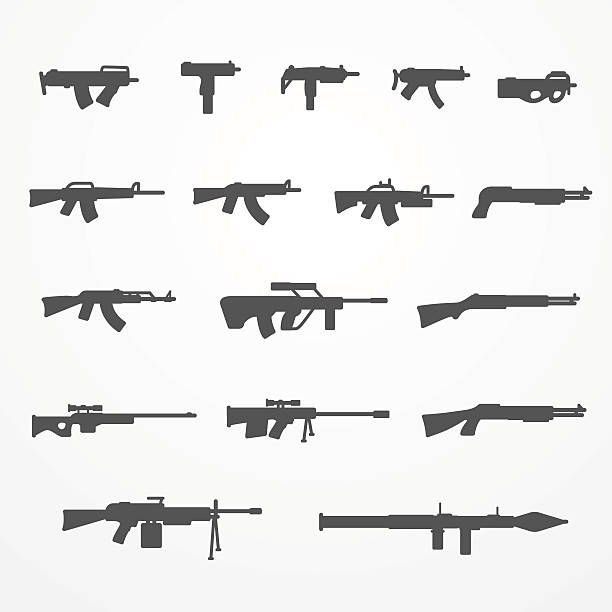 Guns and weapons set Set of gun and weapon icons, silhouette style, gun, machine gun, shotgun and rifle, gun stock vector image ak 47 bullets stock illustrations