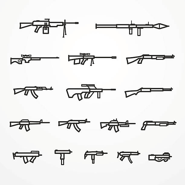 ilustraciones, imágenes clip art, dibujos animados e iconos de stock de armas fuego conjunto y de armas - armed forces human hand rifle bullet
