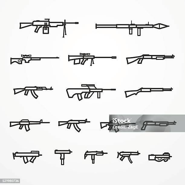 Guns And Weapons Set Stock Illustration - Download Image Now - 45-49 Years, AK-47, Abstract