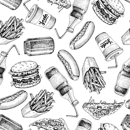 Hand drawn fast food pattern. Junk food and soda drinks background. Burger, pizza, hot dog, french fries and soda detailed illustrations. Great for fast food restaurant, menu or banner