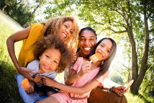 joven atractiva par pasar tiempo en el sol con los niños - family grass toddler african descent fotografías e imágenes de stock