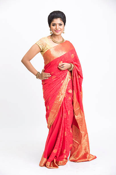 Cheerful indian young girl posing in traditional saree Cheerful indian young girl posing in traditional Indian saree on white background south indian lady stock pictures, royalty-free photos & images