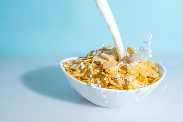istock Milk stream pouring into bowl with yellow flakes, blue background 521984160