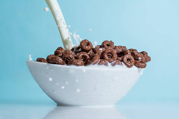 istock Milk stream pouring into chocolate flakes, blue background 521984214