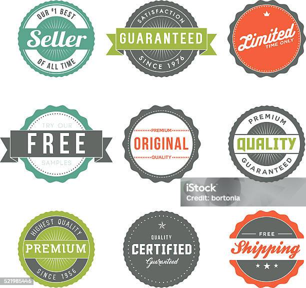 Assorted Retro Product Marketing Labels Icon Set Stock Illustration - Download Image Now - Badge, Certificate, Label