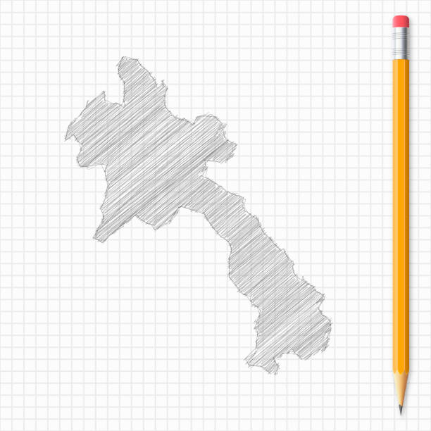 Laos map sketch with pencil on grid paper Map of Laos drawn with pencil, isolated on a squared paper sheet. pencil graph paper stock illustrations