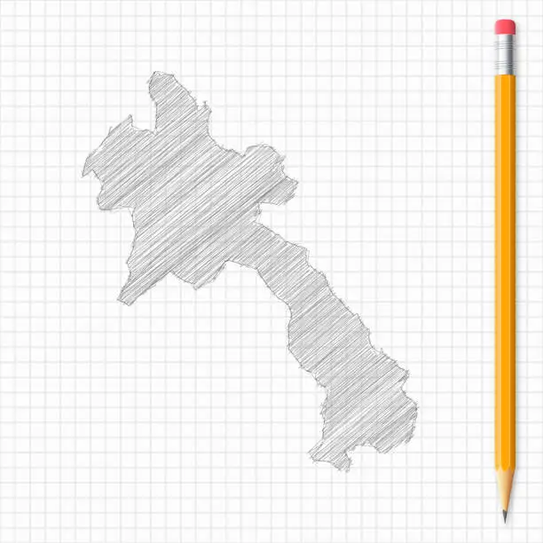 Vector illustration of Laos map sketch with pencil on grid paper