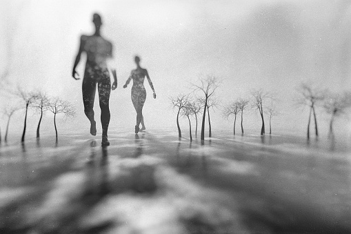 Man and woman walking in fantasy winter landscape.