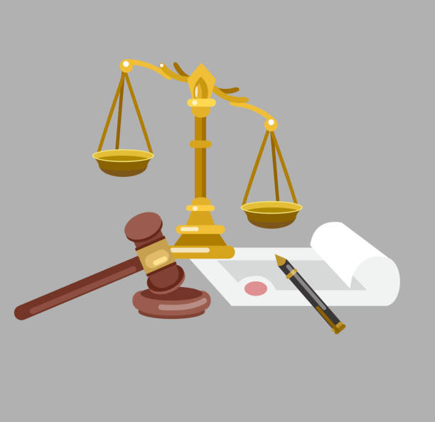 conceptual illustration showing scales of justice balanced on constitutional document with judicial gavel