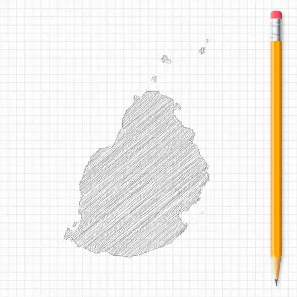 Vector illustration of Mauritius map sketch with pencil on grid paper