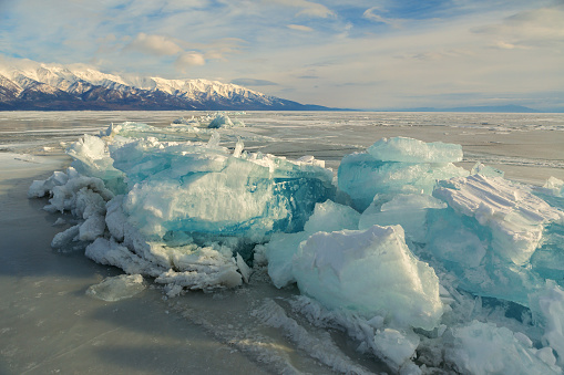 Huge blocks of ice. Beautiful winter landscape in the Lake Baikal.