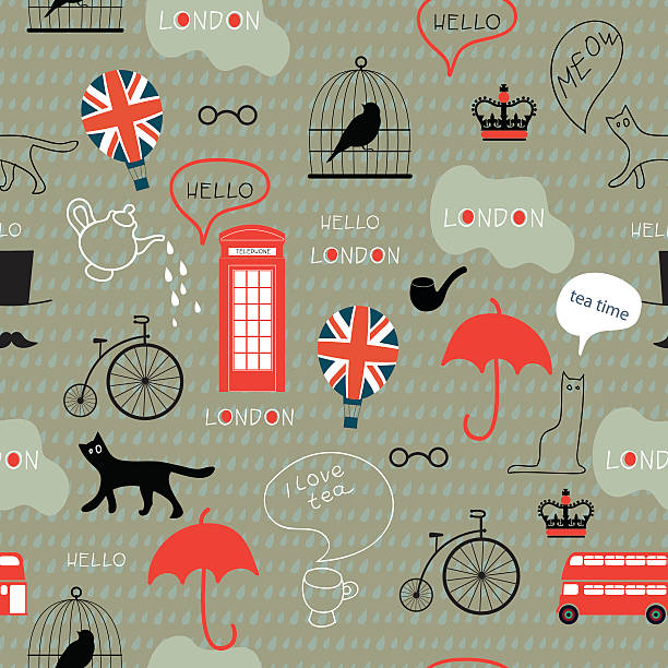 śmieszne deszczowy londyn bezszwowe wzór - hello angielskie słowo stock illustrations