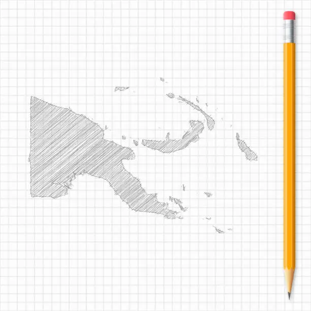 Vector illustration of Papua New Guinea map sketch with pencil on grid paper