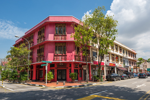 Singapore, Singapore - April 16, 2016: Typical corner house along Joo Chiat Road in Singapore. The image was taken at mid-day. 