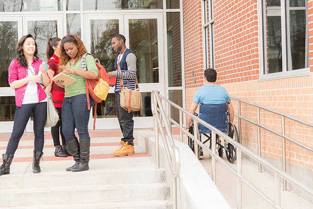 Education: Disabled student travels up wheelchair ramp. College campus.