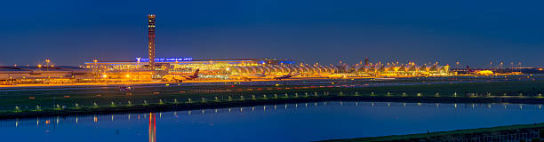 Bangkok, August 25: Thai Airways flight in the taxi Suvarnabhumi airport in Bangkok on August 25, 2014, Landscape panoramic airport.