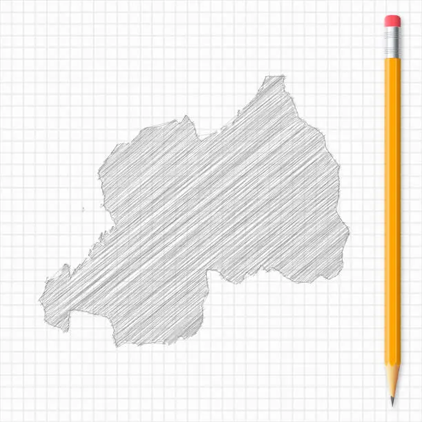 Vector illustration of Rwanda map sketch with pencil on grid paper