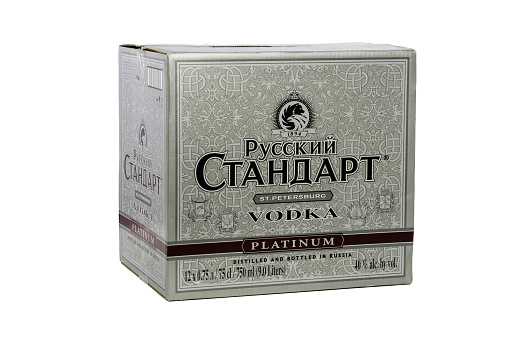 Rishon Le Zion, Israel - November 12, 2013: Cardboard box of Vodka Russian Standard Platinum 12 bottles x 750 ml (9 litres) acl. 40%. Distilled and bottled in Russia