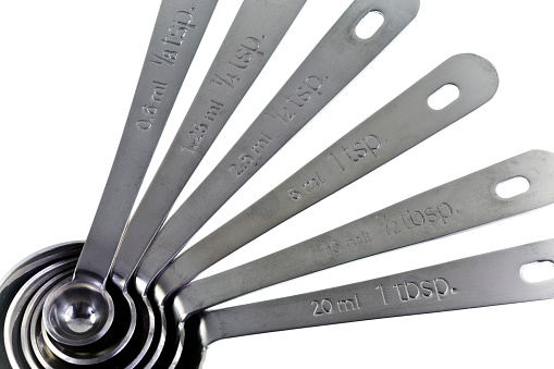 Set of stainless steel measuring spoons in varying sizes, used to measure an amount of an ingredient, either liquid or dry, when cooking.