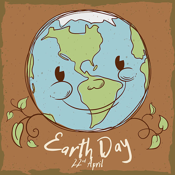 Smiling Planet in Retro Style Poster for Earth Day Cute smiling planet with branches and leaves in retro style with Earth Day date. 22nd april stock illustrations