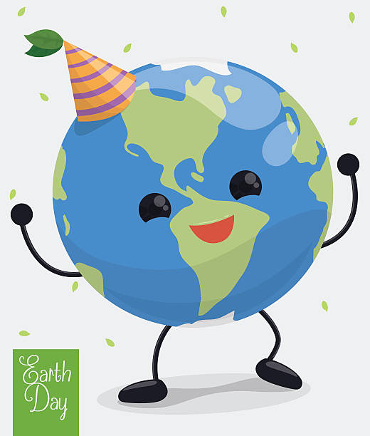 Happy Dancing Planet in Earth Day Celebration Happy cute planet dancing and celebrating a new Earth Day commemoration. 22nd april stock illustrations