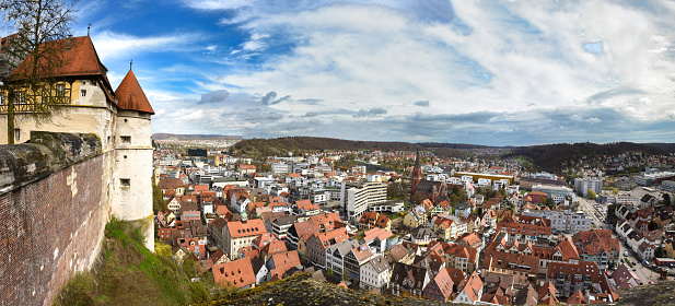 Heidenheim, Germany - April 16, 2016: View from Hellenstein castel over Heidenheim. It shows a part of the castle and the city of Heidenheim from above. 