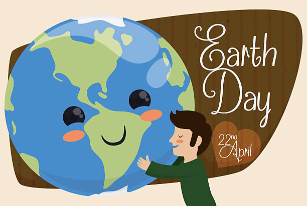 Mankind Embracing Cute Planet for Earth Day Holiday Cute smiling planet in love with the mankind in Earth Day celebration. 22nd april stock illustrations