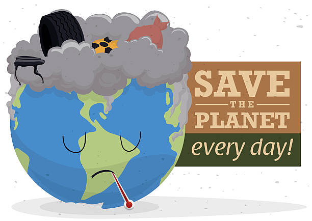Campaign against Contamination with a Sad World and Trash Sick Earth because contamination with Save the planet awareness message. 22nd april stock illustrations