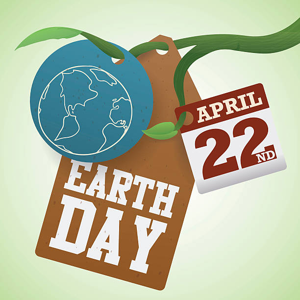 Tags and Labels for Earth Day Commemoration in a Branch Three tags with Earth Day commemorative elements holding of a tree branch. 22nd april stock illustrations